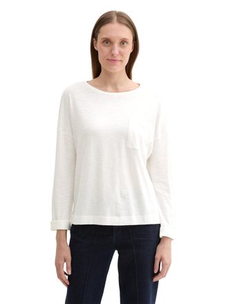Tom Tailor Langarmshirt TOM TAILOR, Damen, Gr. XXL (44), weiss (whisper wei&szlig;), Jersey, Obermaterial: 100% Baumwolle, unifarben, loose fit taillenbedeckt, Rundhal