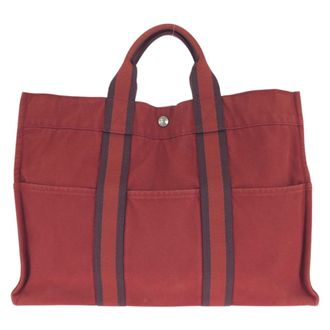 Herm&egrave;s Red Color Canvas Handbag Tote Bag (Pre-Owned)