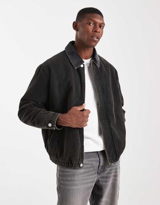Asos Giacca harrington nero slavato con colletto in velluto a coste