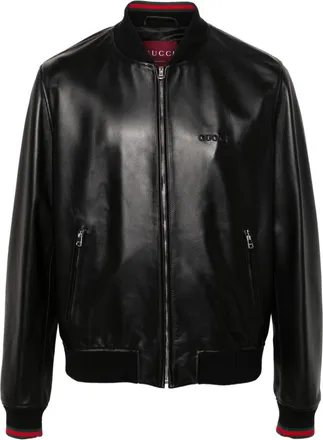 Gucci logo-embroidered bomber jacket - men - Wool/Polyamide/Calf Leather/Elastane/Polyester/Viscose - 50 - Black