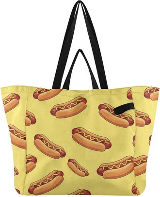 Generic Hot Dog Yellow pattern Reusable Canvas Tote Bag, Heavy Duty Grocery Shopping Bag with Double Handles Hard Bottom Large Capacity Work Groceries Travel