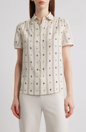 Anne Klein Diamond Pattern Short Sleeve Button-Up Shirt in White Dove/Anne Black at Nordstrom, Size Small