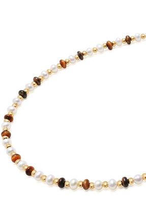 Nialaya Mini Beaded Pearl Tiger Eye Choker in White/brown at Nordstrom