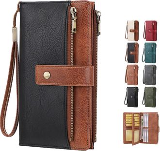 Generic 2026 Wallet for Women RFID Blocking Leather Clutch, 3-Fold Long Wallet Large Capacity Credit Card Holder Ladies Travel Purse (Black & Brown)