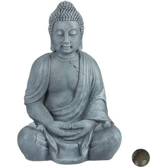 Relaxdays Statua del Buddha Seduto xl 70cm, per Giardino, Soggiorno, in Ceramica, Impermeabile Anti-Gelo Grigio Chiaro - Relaxdays