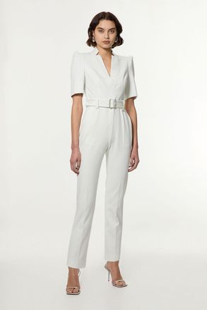Karen Millen Womens Petite Structured Crepe Forever Belted Jumpsuit - White - Size 10 UK