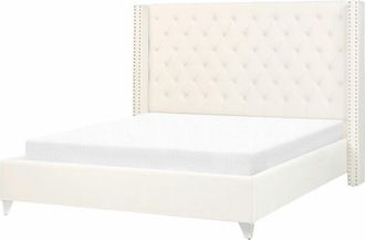 Beliani Letto matrimoniale con testiera alta imbottita velluto bianco sporco 160 x 200 cm Lubbon