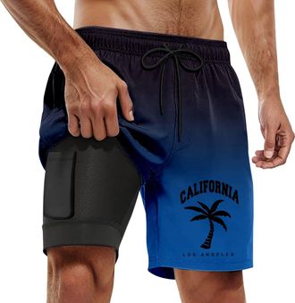 Generic Swimming Shorts Men, Mens Swim Trunks Shorts with Compression Liner 2 in 1 Swim Trunks with Pockets Cool Dry Active Swimsuit Boardshorts Men Stretchy 