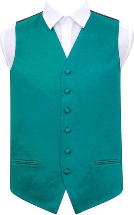DQT Plain Satin Classic Glossy Wedding Waistcoat Vest Suit for Men - Teal 46