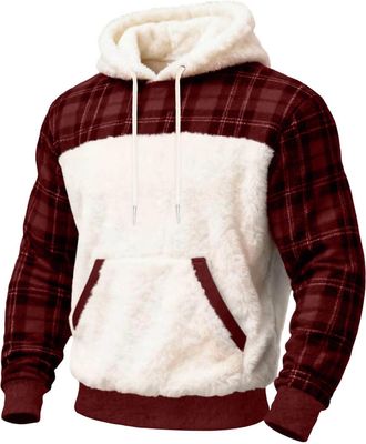 Generic Mens Hoodies Fluffy Sherpa Hooded Jumper Fuzzy Checked Sweatshirt Teddy Fleece Christmas Hoodie Plus Size Casual Warm Cosy Jumpers Tops Kangaroo Pocke