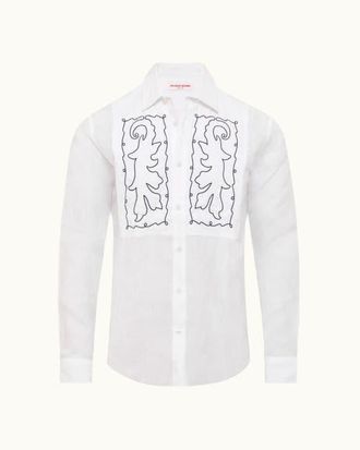 Orlebar Brown Giles Embroidery Tailored Fit Linen Embroidery Shirt in White Sand/night Iris at Nordstrom, Size Xxx-Large