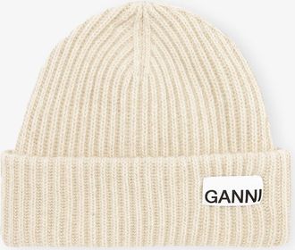 Ganni Beige Oversized Wool Rib Knit Beanie