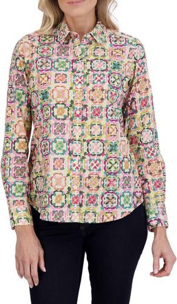 Foxcroft Zoey Watercolor Cotton Button-Up Shirt in Beige Multi at Nordstrom, Size 10
