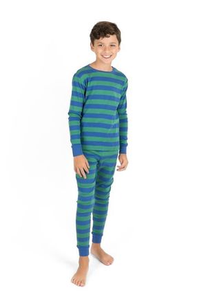 Leveret Two-Piece Printed Cotton Pajamas, Stripes, Animals & Characters in Striped Blue & Green at Nordstrom, Size 18-24M