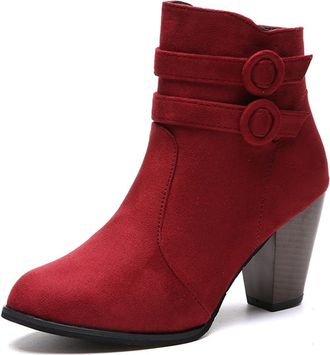 Generic Womens Mid Calf Boots Fashion Chunky Heel Ankle Booties Slip On Casual Comfortable Sole Retro Style for Daily Wear Travel Dating(Red, 6.5)