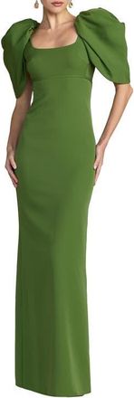 Mac Duggal Crepe Square Neck Gown With Puff Sleeves in Moss Green at Nordstrom, Size 10