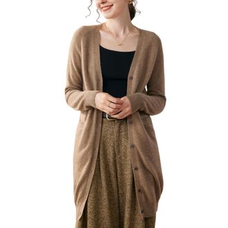 Dissa Women Cashmere Cardigan Brown V-Neck Knitted Cardigan Long Sleeve Relaxed Cashmere&Wool Thin Plain Ladies Sweater,UK 10,MH602