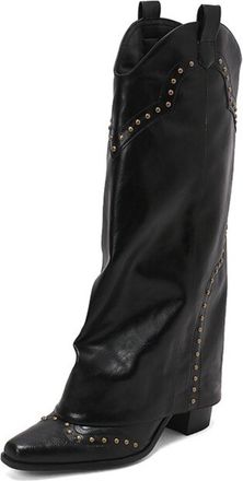 Generic Womens PU Leather Cowboy Boots With Gold Stud Detailing Pointed Toe Low Block Heels Side Zipper Slouchy Shaft Soft Inner Lining Durable Non-Slip Outso