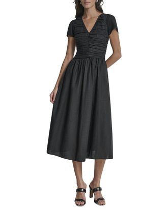 DKNY Shirring Cap Sleeve Linen-Blend Dress