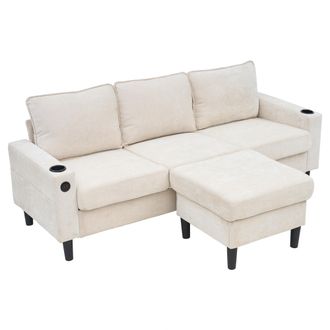 STILVORA Sof&aacute; Esquinero Reversible 3 Plazas En Lino Con Puff M&oacute;vil, 2 Portavasos, 2 Puertos Usb Y Type-c, Beige