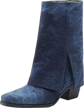 Generic Womens Western Cowboy Ankle Boots Square Toe High Block Heel Slip On With Mixed Color Pattern For Casual Wear