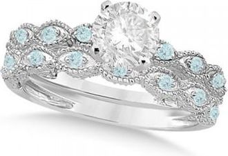 Allurez Vintage Lab Grown Diamond & Aquamarine Bridal Set Palladium 0.95ct