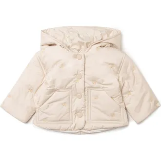 Lola Cherry Embroidered Removable Hood Snap Front Coat in Linen at Nordstrom, Size 12M