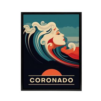 Artery8 Coronado Beach Wave Siren Travel Advert Framed Canvas Wall Art Print in Blue | Size: W24 x H32