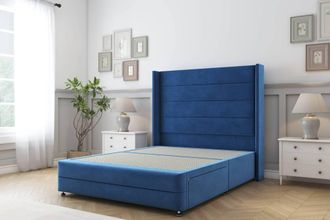 Sloomy Sterling Plush Divan Base 2 Drawers - 54 Wing Headboard-Footboard in Navy | Size: King