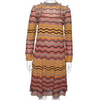 M Missoni Multicolor Wave Perforated Pattern Knit Ruffle Detailed Midi Dress