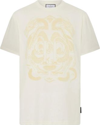 Philipp Plein Tops, Heren, Wit, XL, Katoen, Printed Round Neck T-Shirt Dragon