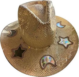 Generic Sun Catcher Cowgirl Straw Prism Hat,Bohemian Rainbow Star Moon Heart Accent Hollow Womens Hats,Hand-Woven Straw Wide Brim Western Cowboy Hat for Beach