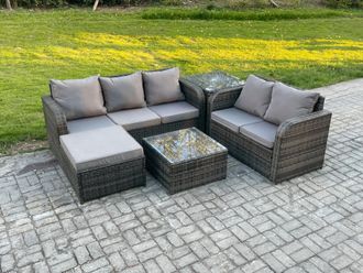 Fimous PE Rattan Garden Furniture Sets 6 Seater Outdoor Lounge Sofa Set Square Coffee Table Big Footstool Side Table in Dark Grey
