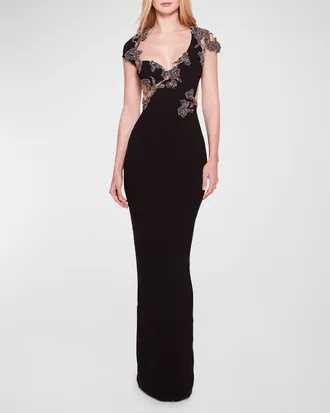 Marchesa Floral Crystal Embellished Cap-Sleeve Open-Back Column Gown