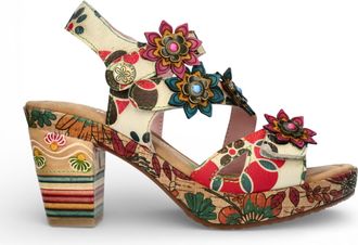 Laura Vita Womens Marlene 12 Beige Floral Leather Wedge Heel Espadrille Sandals
