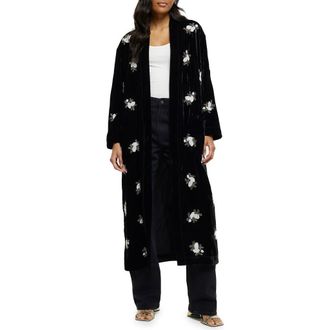 River Island Beaded Floral Open Front Velvet Duster in Black at Nordstrom Rack, Size X-Small