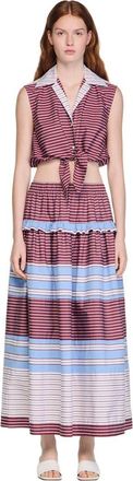 Sandro Cropped striped cotton shirt in Burgundy /White at Nordstrom, Size X-Small