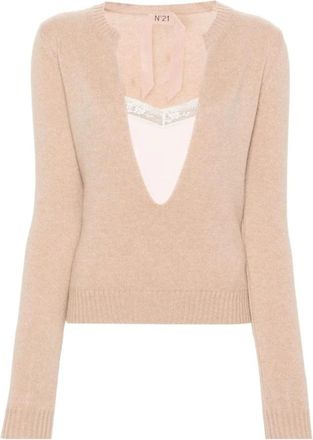 N&deg;21 U-hals Gelaagde Trui - Dames - V-hals truien - Roze - XL - Wol - Truien & Vesten