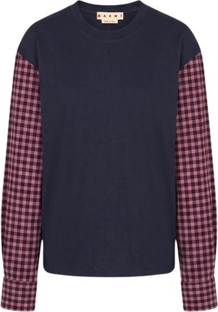 Marni Logo Bedruikt T-shirt met Ronde Hals - Dames - Longsleeves - Blauw - S - Katoen - Tops