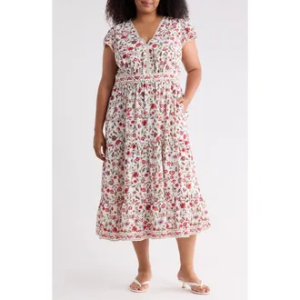 Max Studio V-Neck Flutter Sleeve Maxi Dress in Cream/Red Velvet Vine at Nordstrom Rack, Size 3X