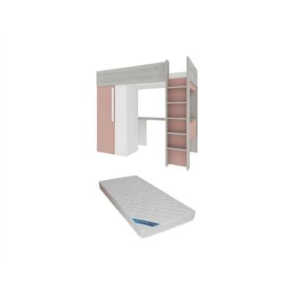 Vente-Unique Letto a soppalco + materasso con armadio e scrivania 90 x 200 cm Rosa e Bianco - nicolas