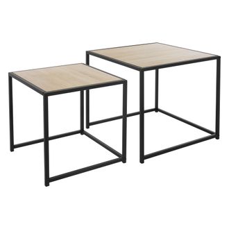 ML Design Ml-design - Juego 2 Mesas Auxiliares 40x40x40cm/50x50x45cm Cuadradas Negro/roble Estructura De Metal Dise&ntilde;o Industrial Mesita De Centro Para Caf&eacute; Vela