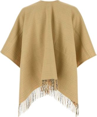 Burberry Unisex Wool With Fringe And Reversible Check Lining Shawl Beige