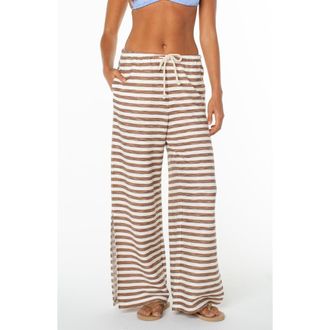 Roxy Beach Breeze Stripe Drawstring Waist Stretch Cotton Pants in Brownie at Nordstrom, Size Xx-Large