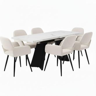 Urban Meuble Mesa de comedor extensible con efecto m&aacute;rmol blanco y 6 sillas beige
