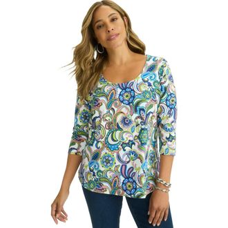 Jessica London Stretch Cotton Scoop Neck Tee in White Multi Paisley at Nordstrom, Size 40