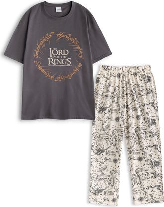 The Lord Of The Rings Mens Grey Sleepwear Set | Themed Crew Neck Short Sleeve Graphic Tee & Map Print Bottoms | Fantasy Apparel with Elastic Waistband