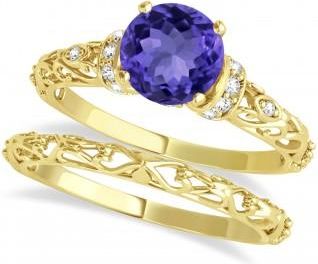Allurez Tanzanite & Diamond Antique Style Bridal Set 18k Yellow Gold (1.62ct)