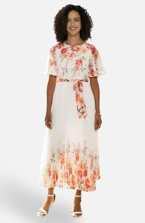 Yumi Short Sleeve Pleated Midi Dress in White/coral at Nordstrom, Size 12