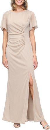 S.L. Fashions Sparkle Embellished Shoulder Gown in Champagne at Nordstrom, Size 10
